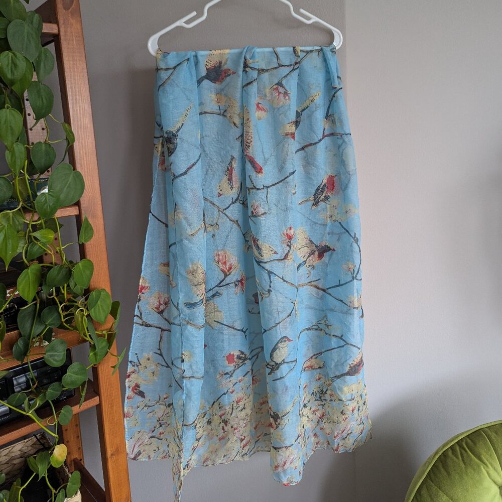 Beautiful light blue floral and bird design scarf